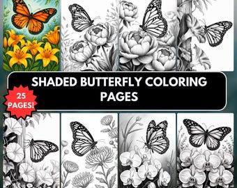 Butterfly and Floral Coloring Pages for Adults | Shaded Botanical Designs (Digital Download)