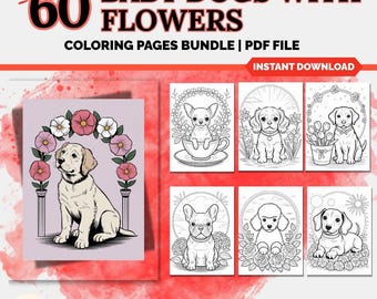 Baby Flower Dogs Coloring Pages, 60 Designs (Digital Download)