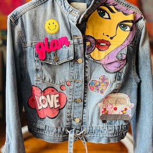 Just IN! Glam Pop Art Denim Jacket, front and back designs, Handpainted, with additional embroidered patches, glamorous, customized, unique