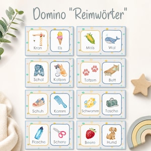 Dominoes with rhyming words for primary school children, exercises for first graders, worksheets for kids, learning to read through play, starting school, learning German
