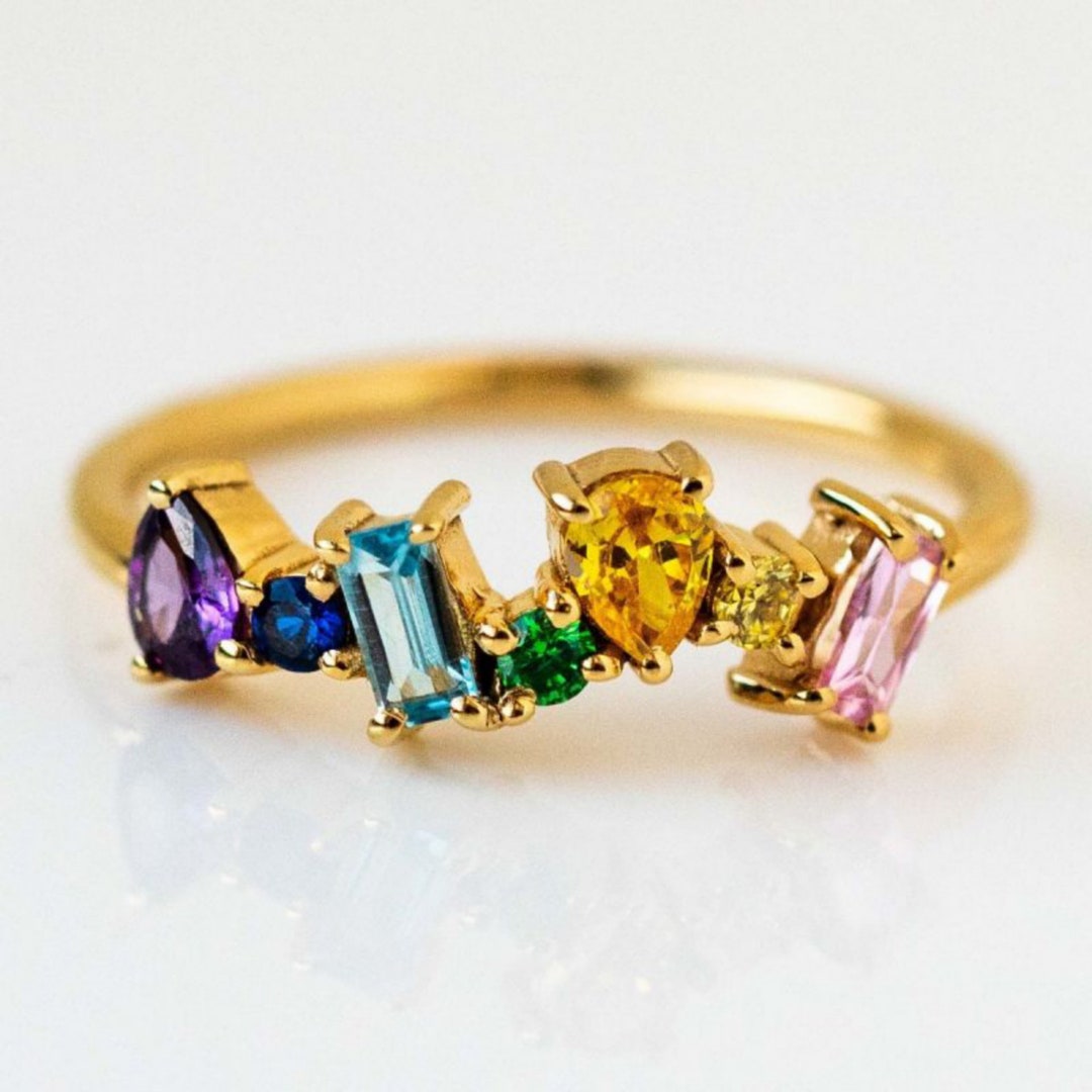 Rainbow Sapphire Ring Multi-stone Stacking Ring Baguette - Etsy