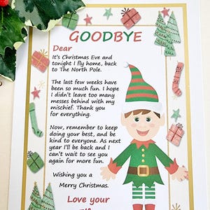 Może przedstawiać: Kartka świąteczna z ilustracją kresk&oacute;wkowego elfa. Na kartce widnieje napis "GOODBYE" oraz wiadomość od elfa, kt&oacute;ry życzy odbiorcy Wesołych Świąt.