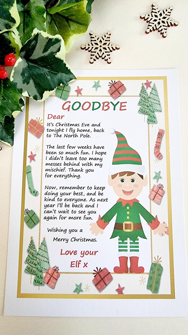 Może przedstawiać: Kartka świąteczna z ilustracją kresk&oacute;wkowego elfa. Na kartce widnieje napis "GOODBYE" oraz wiadomość od elfa, kt&oacute;ry życzy odbiorcy Wesołych Świąt.
