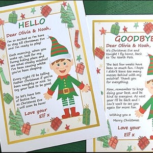 Może przedstawiać: Dwa świąteczne listy od elf&oacute;w z ilustracjami elf&oacute;w. Pierwszy list brzmi: "HELLO Droga Olivia i Noah, Jestem tak podekscytowany, że jestem tu, aby zostać do Wigilii i jestem gotowy do zabawy!" Drugi list brzmi: "GOODBYE Droga Olivia i Noah, Jest Wigilia i dziś wieczorem wracam do domu, z powrotem na Biegun P&oacute;łnocny. Ostatnie tygodnie były tak zabawne. Mam nadzieję, że nie zostawiłem zbyt wielu bałagan&oacute;w po moich psotkach. Dziękuję za wszystko. Pamiętaj teraz, aby zawsze dawać z siebie wszystko i być miłym dla wszystkich. W przyszłym roku wr&oacute;cę i nie mogę się doczekać, aby cię ponownie zobaczyć, abyśmy mogli się razem bawić. Życzę Ci wesołych świąt Bożego Narodzenia. Z miłością, tw&oacute;j elf x"