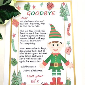 Może przedstawiać: List od elfa do dziecka, z ilustracją elfa w zielono-czerwone paski. List m&oacute;wi: "GOODBYE Drogi Dziś jest Wigilia i dziś wieczorem wracam do domu, z powrotem na Biegun P&oacute;łnocny. Ostatnie tygodnie były takie zabawne. Mam nadzieję, że nie zostawiłem za sobą zbyt wielu bałagan&oacute;w z powodu moich psot. Dziękuję za wszystko. Pamiętaj teraz, aby zawsze dawać z siebie wszystko i być miłym dla wszystkich. W przyszłym roku wr&oacute;cę i nie mogę się doczekać, żeby cię znowu zobaczyć, żebyśmy mogli się razem bawić. Życzę Ci wesołych świąt Bożego Narodzenia. Z miłością, tw&oacute;j elf x"