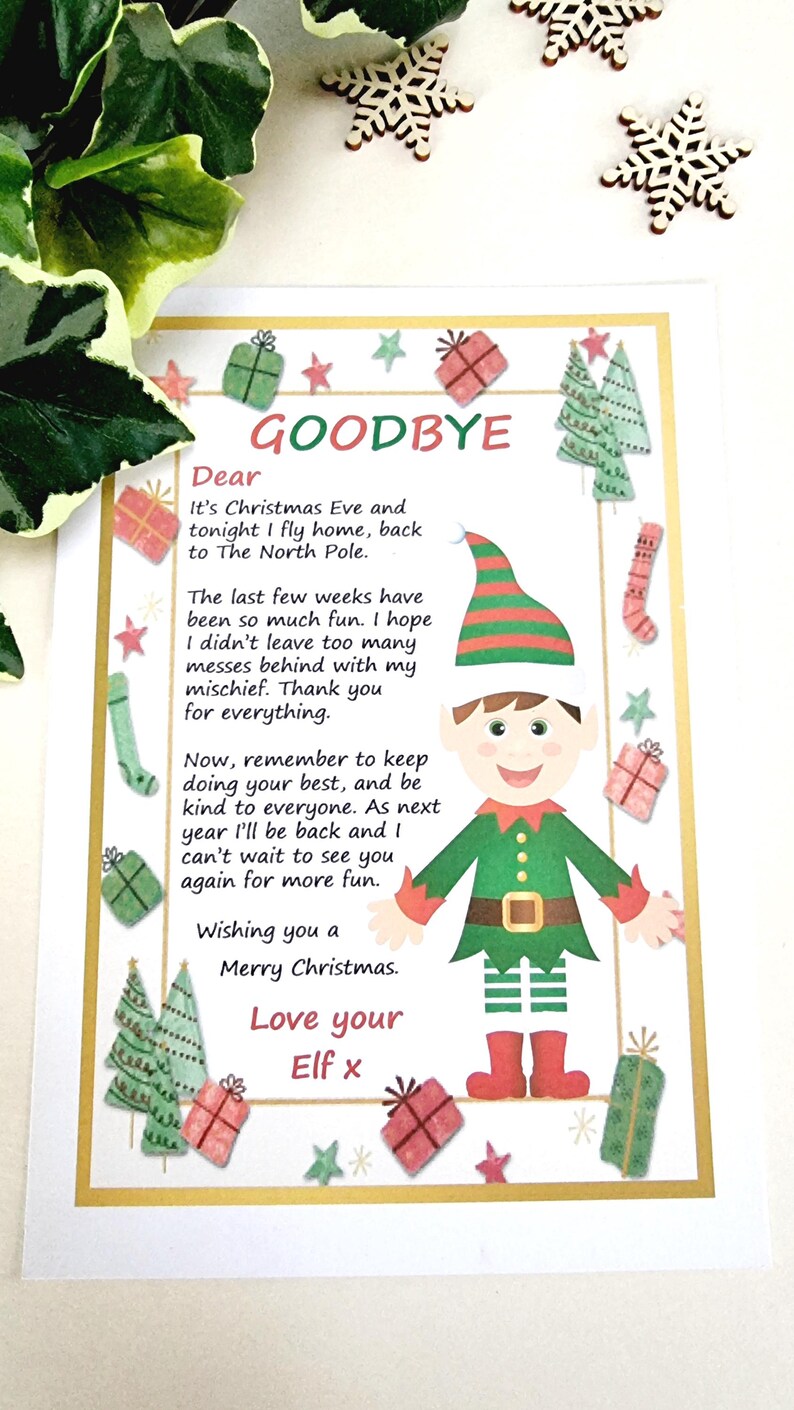 Może przedstawiać: List od elfa do dziecka, z ilustracją elfa w zielono-czerwone paski. List m&oacute;wi: "GOODBYE Drogi Dziś jest Wigilia i dziś wieczorem wracam do domu, z powrotem na Biegun P&oacute;łnocny. Ostatnie tygodnie były takie zabawne. Mam nadzieję, że nie zostawiłem za sobą zbyt wielu bałagan&oacute;w z powodu moich psot. Dziękuję za wszystko. Pamiętaj teraz, aby zawsze dawać z siebie wszystko i być miłym dla wszystkich. W przyszłym roku wr&oacute;cę i nie mogę się doczekać, żeby cię znowu zobaczyć, żebyśmy mogli się razem bawić. Życzę Ci wesołych świąt Bożego Narodzenia. Z miłością, tw&oacute;j elf x"