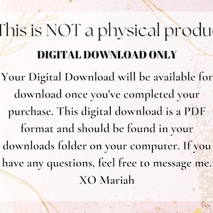 K&ouml;nnte beinhalten: Text auf rosa Hintergrund mit goldfarbenem Glitzer-Overlay. Der Text lautet: "Dies ist KEIN physisches Produkt. NUR DIGITALER DOWNLOAD. Ihr digitaler Download ist verf&uuml;gbar, sobald Sie Ihren Kauf abgeschlossen haben. Dieser digitale Download ist im PDF-Format und sollte in Ihrem Download-Ordner auf Ihrem Computer zu finden sein. Wenn Sie Fragen haben, k&ouml;nnen Sie mich gerne kontaktieren. XO Mariah."