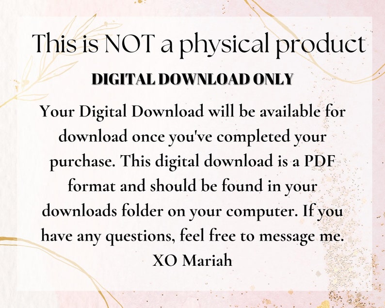 K&ouml;nnte beinhalten: Text auf rosa Hintergrund mit goldfarbenem Glitzer-Overlay. Der Text lautet: "Dies ist KEIN physisches Produkt. NUR DIGITALER DOWNLOAD. Ihr digitaler Download ist verf&uuml;gbar, sobald Sie Ihren Kauf abgeschlossen haben. Dieser digitale Download ist im PDF-Format und sollte in Ihrem Download-Ordner auf Ihrem Computer zu finden sein. Wenn Sie Fragen haben, k&ouml;nnen Sie mich gerne kontaktieren. XO Mariah."