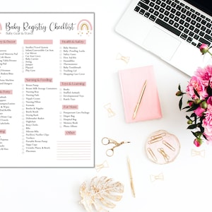 K&ouml;nnte beinhalten: Eine druckbare Checkliste f&uuml;r eine Baby-Geschenk-Liste mit einem rosafarbenen und goldenen Regenbogen-Design. Die Checkliste enth&auml;lt Kategorien f&uuml;r Kinderzimmer und Dekoration, Gesundheit und Sicherheit, Stillen und F&uuml;ttern, Spielzeug und Lernen, Baden und T&ouml;pfchen, Kleidung und f&uuml;r Mama.