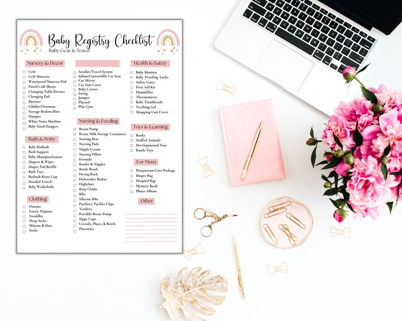 K&ouml;nnte beinhalten: Eine druckbare Checkliste f&uuml;r eine Baby-Geschenk-Liste mit einem rosafarbenen und goldenen Regenbogen-Design. Die Checkliste enth&auml;lt Kategorien f&uuml;r Kinderzimmer und Dekoration, Gesundheit und Sicherheit, Stillen und F&uuml;ttern, Spielzeug und Lernen, Baden und T&ouml;pfchen, Kleidung und f&uuml;r Mama.