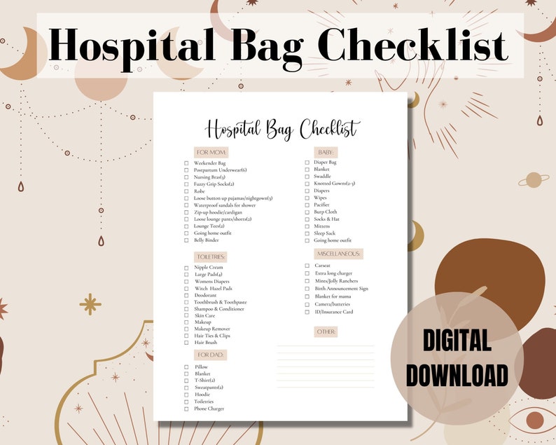 Hospital Bag Checklist Printable for Pregnant Women Birth Bag Packing