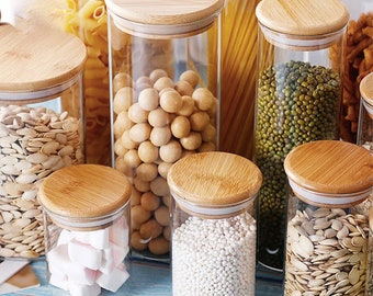 Glass Pantry Jars With Bamboo Lid, Glass Storage Jars, Dry Product Storage, Kitchen Storage