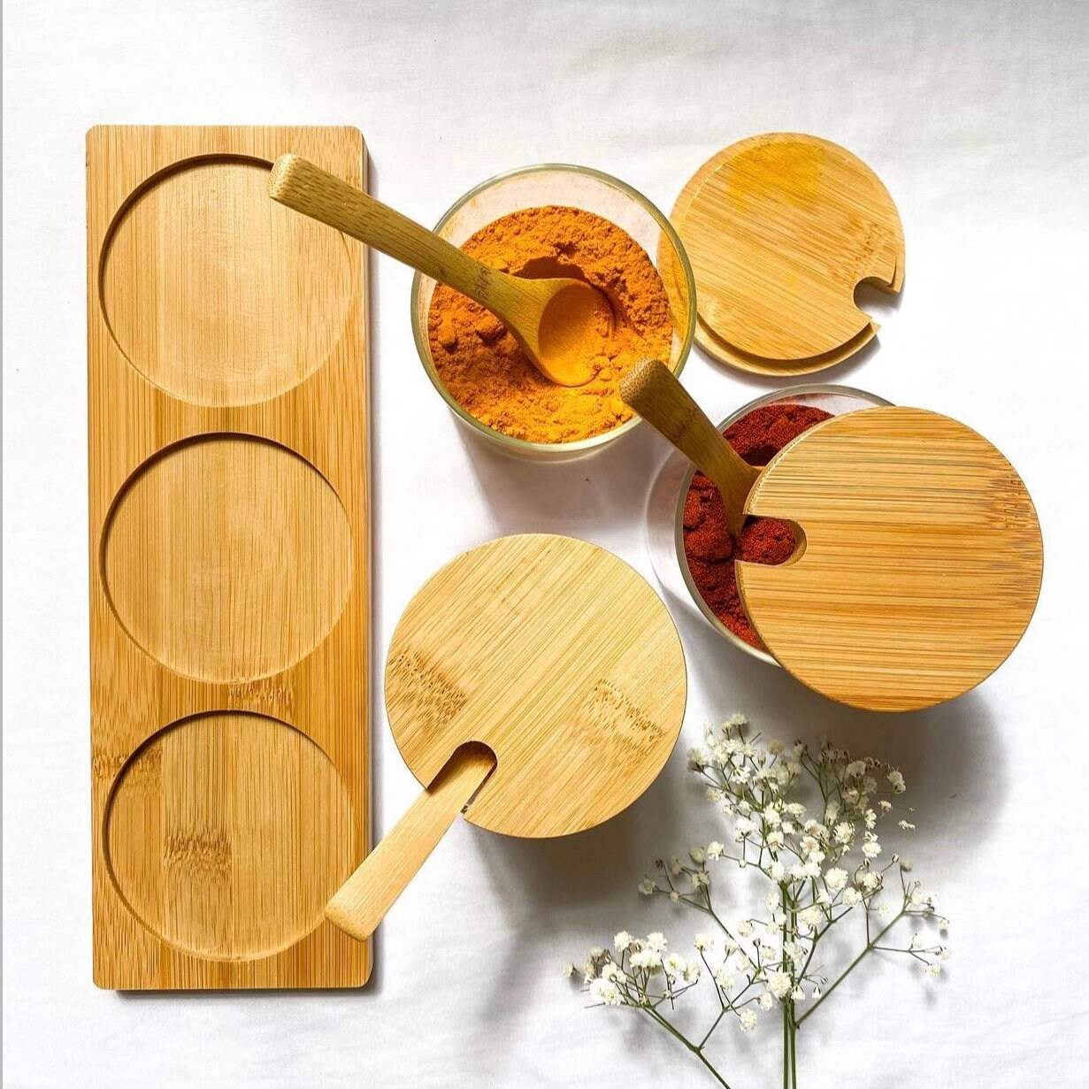 Set of 3 Glass Spice Jars With Bamboo Lids and Spoon on a Bamboo Tray 350ml  