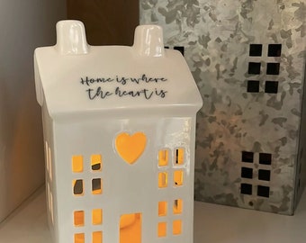 White Ceramic T Light House 'Home is where the heart is' Christmas Gift, Tea Light holder Christmas Decor, Home Decor, Christmas Ornament