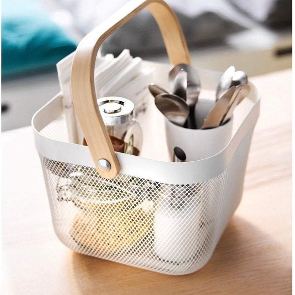 Wire Mesh Storage Basket with Bamboo Handle - Scandi Inspired - Kitchen Bathroom Storage - Food Storage - Home Organisation - Office Tidy