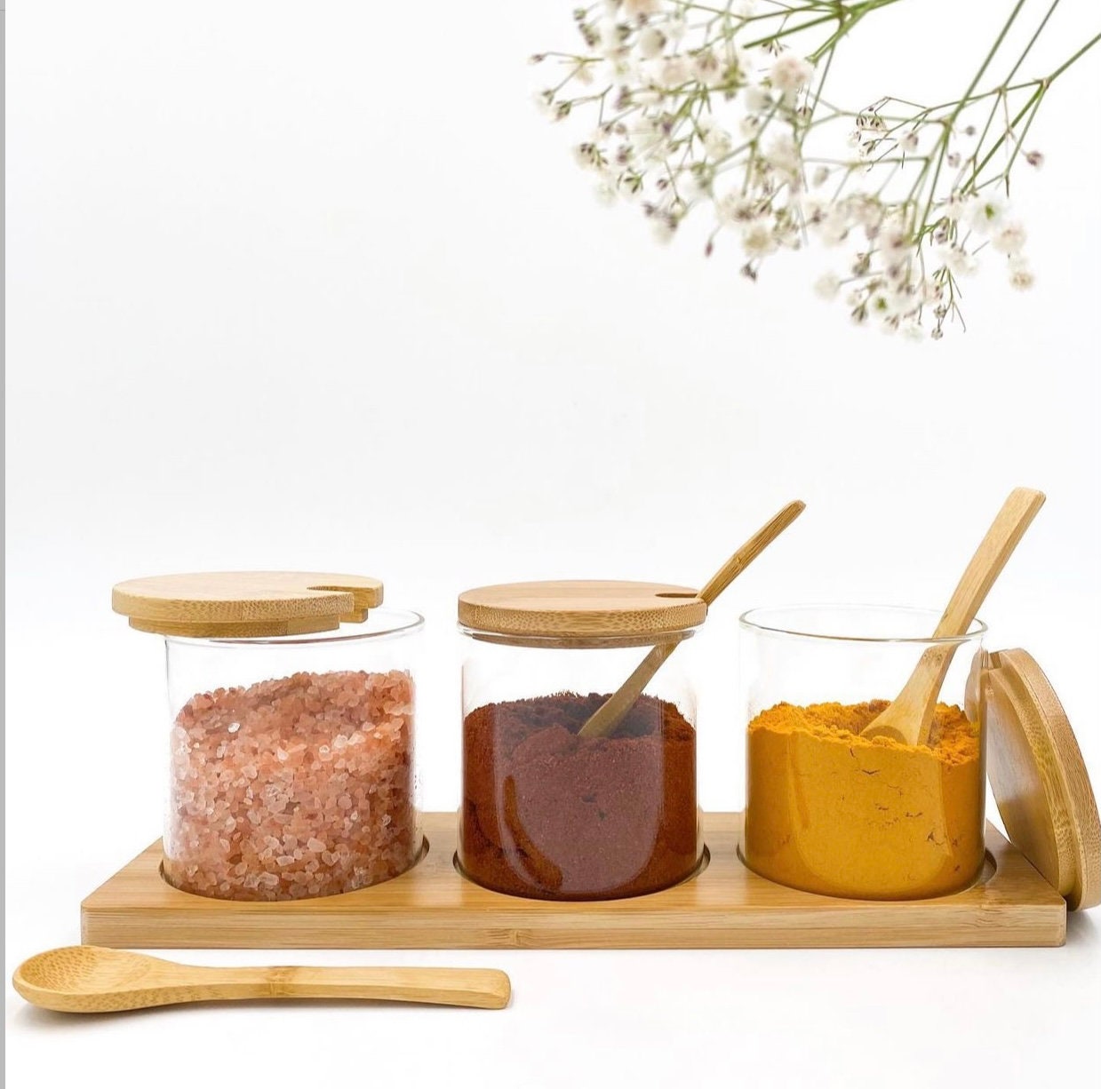 Glass Jam Set With 3 Glass Jars And Spoons On A Wood Stand, 1