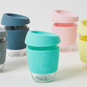 Plastic Free Reusable Glass Tea Cup - Coffee Cup 8oz - 12oz - Travel Mug - Silicon Grip