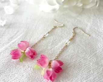 Handmade Pink Tulip Dangle Earrings: Shrink Plastic Floral Jewelry