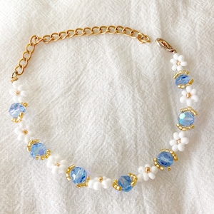 Handmade Beaded Flower Bracelet: Blue Crystal & Gold Accents