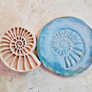 Puede incluir: Dos piezas de cerámica con temática de fósiles. Una es una espiral abierta de color marrón claro. La otra es un plato redondo azul con una huella de fósil. Ambas piezas están sobre una superficie texturizada de color claro.