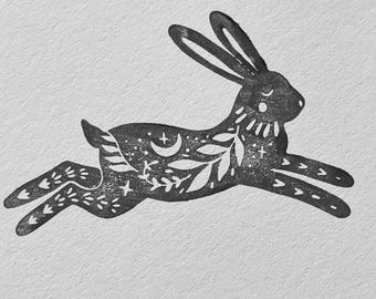 Leaping bunnies and crescent moon stamps, deep rubber rabbit stamp, scrapbooking, card making, crafting, journaling.