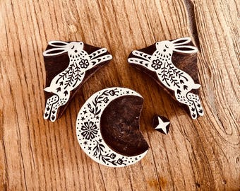 Scandinavian folk art leaping bunny or hare Stamp for Ceramics, Woodblock, Clay textiles. Polymer.