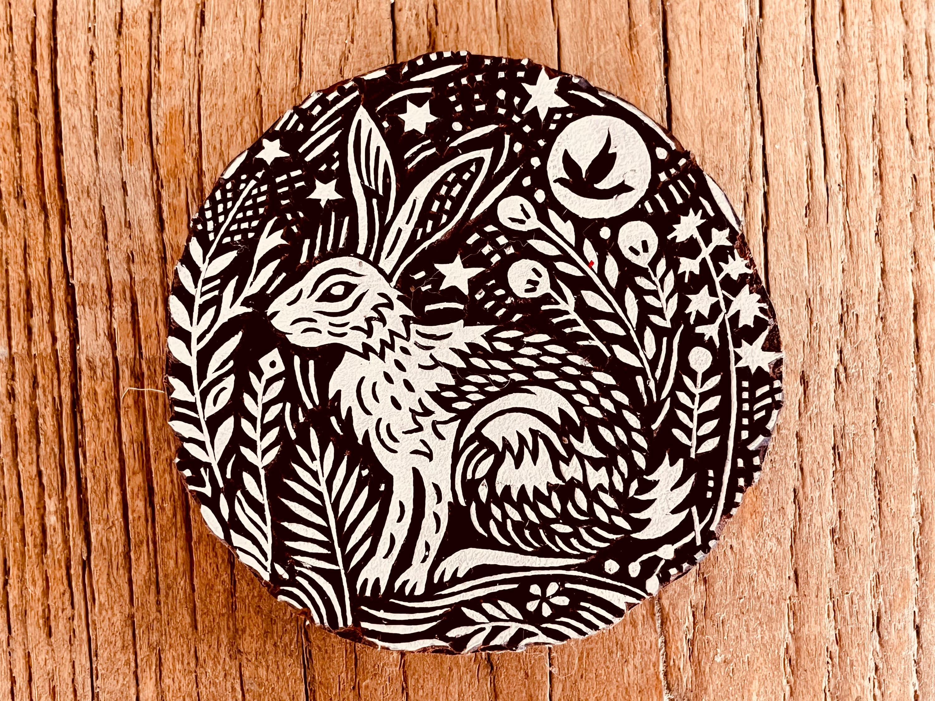 rabbit Night forest whimsical Stamp for ceramics, paper/textiles, Woodblock moon stars bunny clay