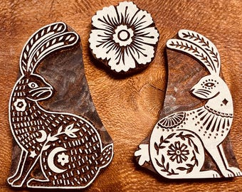 Scandi Bunny Stamp for Ceramics, 7-8cm Woodblock, Clay, fabric, Pottery. Forest Leaf Nature Design. Polymer.