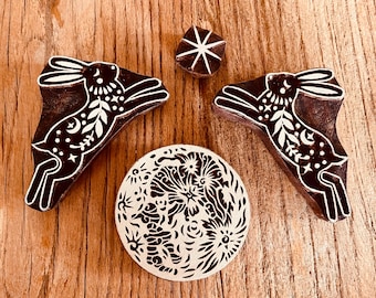 Leaping Bunny handc carved rosewood, woodlock Stamp.  Scandinavian Folk Art, Moon and Star design for clay, textiles and paper.