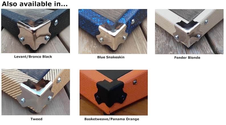 K&ouml;nnte beinhalten: Nahaufnahme verschiedener Ecksch&uuml;tzer in unterschiedlichen Farben und Texturen. Optionen sind Levant/Bronco Black, Blue Snakeskin, Fender Blonde, Tweed und Basketweave/Panama Orange. Jede Ecke hat eine gl&auml;nzende Metallhalterung.