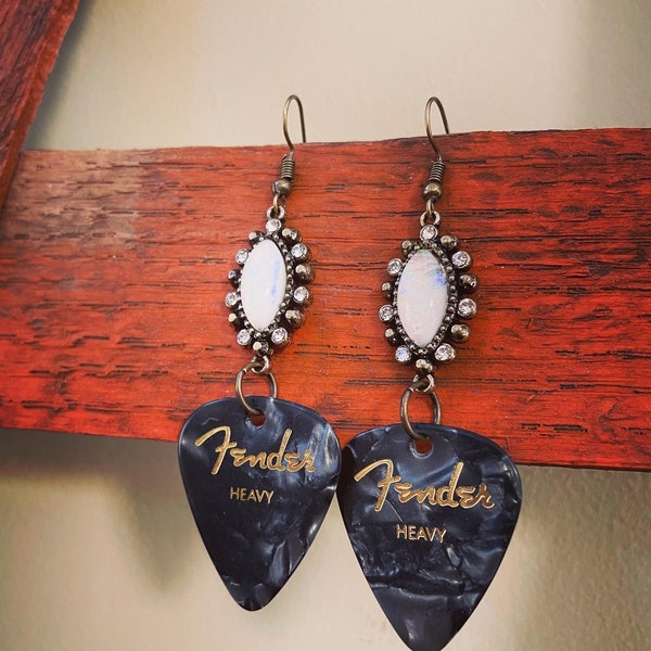 Bachelorette party / handmade / black Fender guitar pick earrings / gifts for her / handmade earrings / music earrings / Nashville earrings