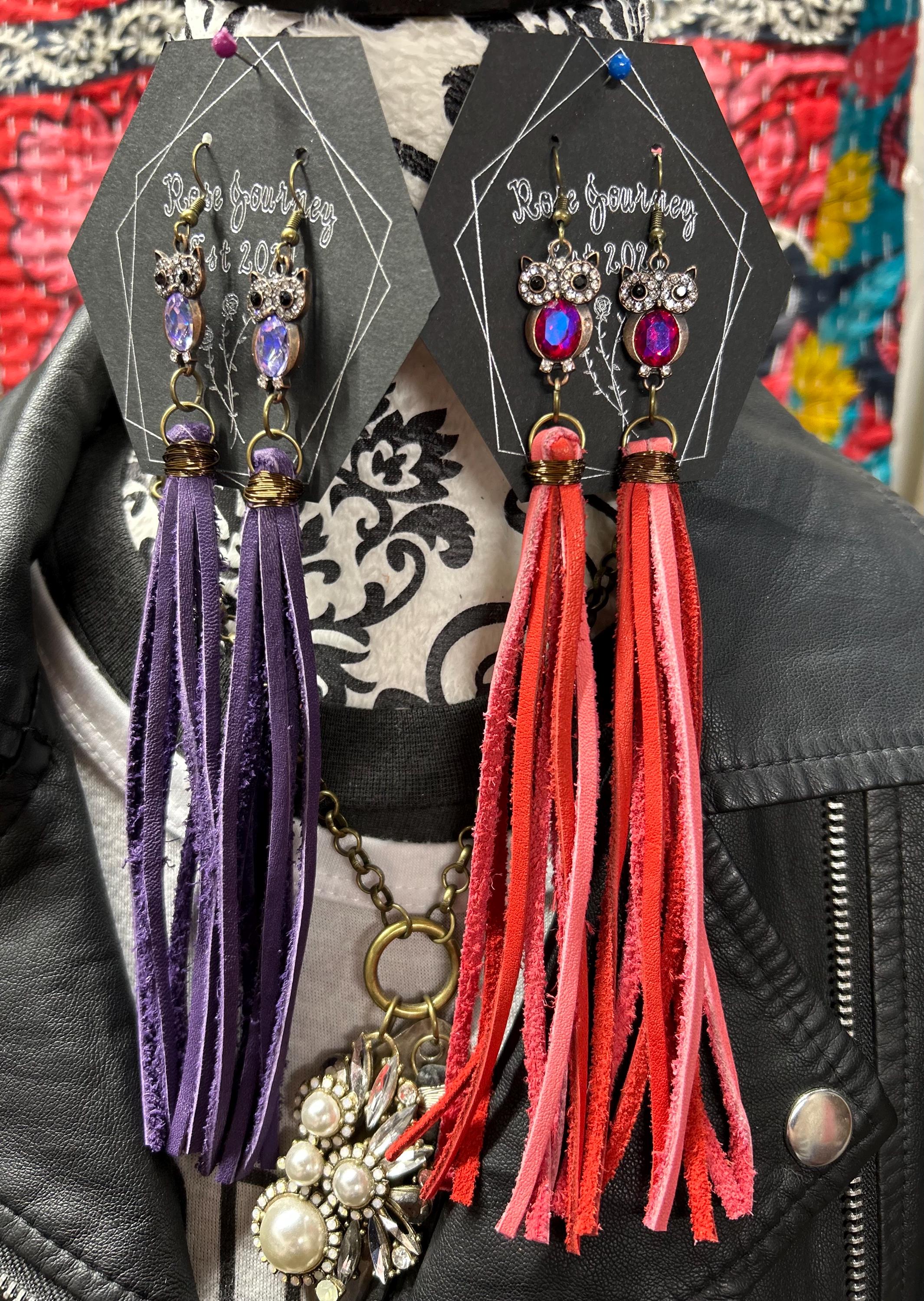 Handmade Leather Fringe Owl Earrings: Hypoallergenic Dangle Earrings