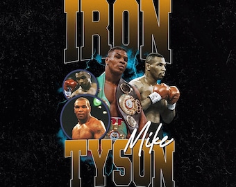 May include: A graphic design featuring a portrait of Mike Tyson with the text "Iron Mike Tyson" in a retro style. The design features a black background with yellow, blue, and white accents.
