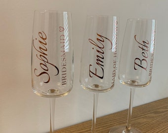 Rose Gold Personalized Champagne Flutes: Bridesmaid, Maid of Honor & Bride Gifts. Elegant Wedding Glassware - Custom Bridal Party Favors.