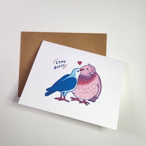 Love Birds Blank Greeting Card – Cute Illustrated Pigeon Card for Valentine&#39;s Day, Galentine&#39;s Day, Wedding, or Anniversary – Blank A2 Card