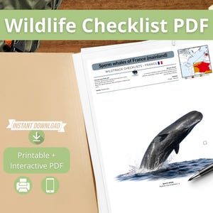Pode incluir: Uma pasta bege com um PDF de lista de verificação da vida selvagem, com uma ilustração de cachalote. O texto diz "Wildlife Checklist PDF" e "Download instantâneo". Inclui uma opção PDF imprimível e interativa.