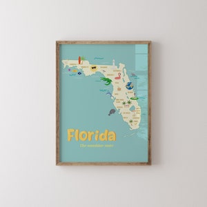 Vintage kaartafdruk Florida - geïllustreerde muurkunst Florida - Airbnb Decor - reisposter Florida