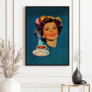 Póster de café vintage de los años 50 / Impresión publicitaria retro de mediados de siglo / Decoración de pared de arte pop de semitono / Descarga digital