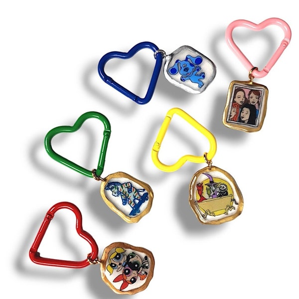 Y2K inspired Vintage cartoon heart keychain rings with 18k gold plated and sterling silver hardware
