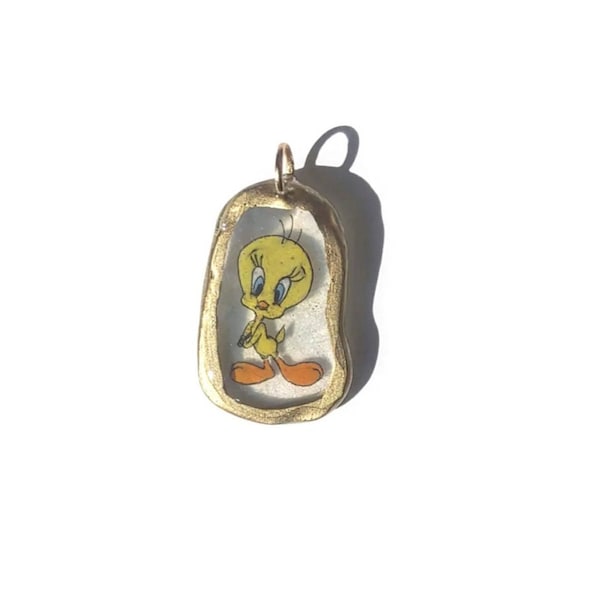 Tweety Bird Looney Tunes inspired cute dainty 18k gold resin kidcore charm for necklace 80s vintage handmade childhood