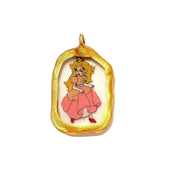 Princess Peach Mario Brothers inspired kidcore 18k gold or 925 sterling silver resin charm chain necklace unisex jewelry gift cartooncore