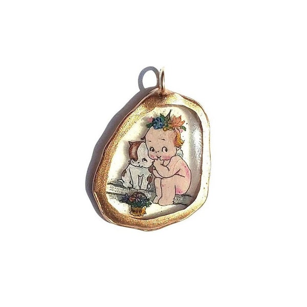 Kewpie doll and puppy dog floral inspired kidcore 18k gold or 925 sterling silver resin charm chain necklace antique vintage toy dolls