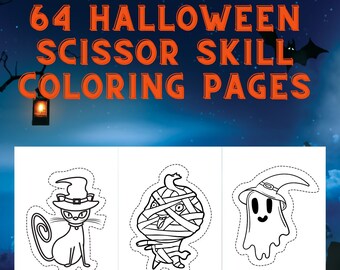 64 Halloween Scissor Skill Coloring Pages Printable for Kids , Color and Cut Activity Pages, Halloween Themed Coloring Pages