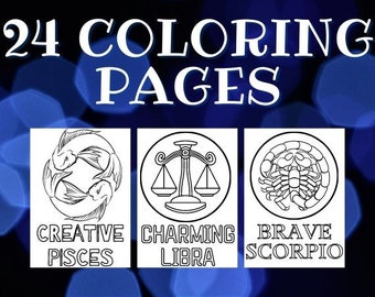 Zodiac Coloring Sheets Printable for Adults Teens and Kids all Ages, 12 Zodiac Signs and 24 Pages