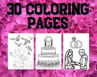 Wedding Themed Printable Coloring Pages for Adults and Teens, Cakes Cars Rings Flowers Brides Grooms Coloring Pages