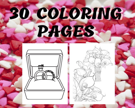 Wedding Theme Printable Coloring Pages for Adults and Teens, Cakes Cars Rings Flowers Brides Grooms Coloring Pages