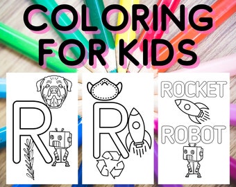 80 English Alphabet Letter  Printable Coloring Pages for Kids, Toddlers, Preschoolers with Big Letters, Pictures and Words, Color Read Learn