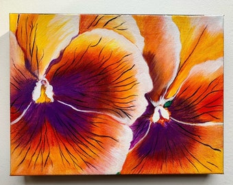 Pansy Personification : 12" X 9" acrylic painting of beautiful purple orange pansy flowers on stretched canvas