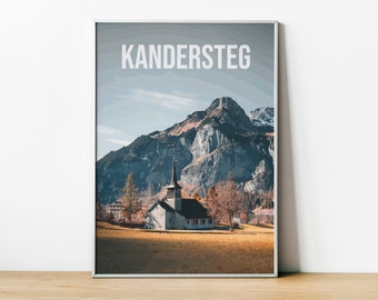 Switzerland printable wall art poster, Kandersteg Bern digital illustration downloadable to print