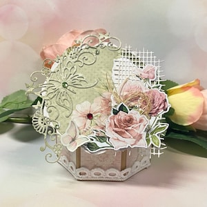 Cartão de agradecimento elegante de aniversário, estilo hexagonal pop-up 3D feito à mão, elegante cartão de agradecimento pop-up de rosa hexagonal